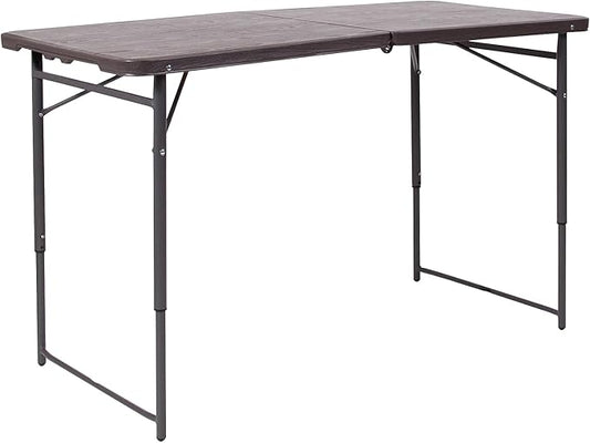 Flash Furniture Mills 4-Foot Height Adjustable Bi-Fold Brown Wood Grain Plastic Folding Table with Carrying Handle