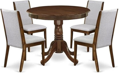 East West Furniture ANLA5-AWA-05 5 Piece Dining Table Set for Small Spaces Contains a Round Kitchen Table with Pedestal and 4 Parson Chairs, 36x36 Inch, Antique Walnut