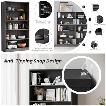 Bookshelf, 5 Wooden Book Shelf Bookcase with Freestanding Display Storage, Open Modern Bookshelf for Bedroom, Living Room, Dinning Room, Office, 60 Inch, Deep Gray
