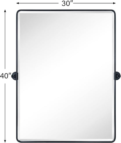 TEHOME 30x40 Pivot Mirror Matt Black Tilt Bathroom Vanity Mirror Large Black Metal Framed Rectangle Tilting Beveled Vanity Mirrors for Wall, Vertical Hanging