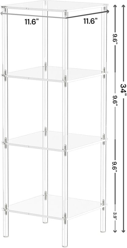 4 Tier Square Acrylic Bookshelf, Small Bookcase with Acrylic Fittings for Fixing to Wall, Corner Display Shelf for Living Room, Bedroom, Bathroom, Small Spaces, Clear, 11.6'' W x 34'' H