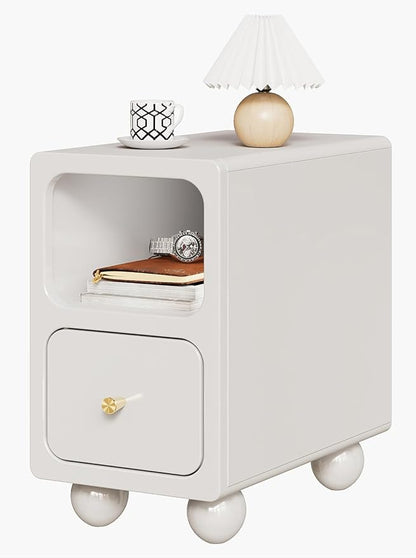 Solid Wood Night Stand, Narrow Nightstand with Drawers, White Mid Century Modern Nightstand, Small Beside Table with Open Storage Shelf for Bedroom (10 inch)