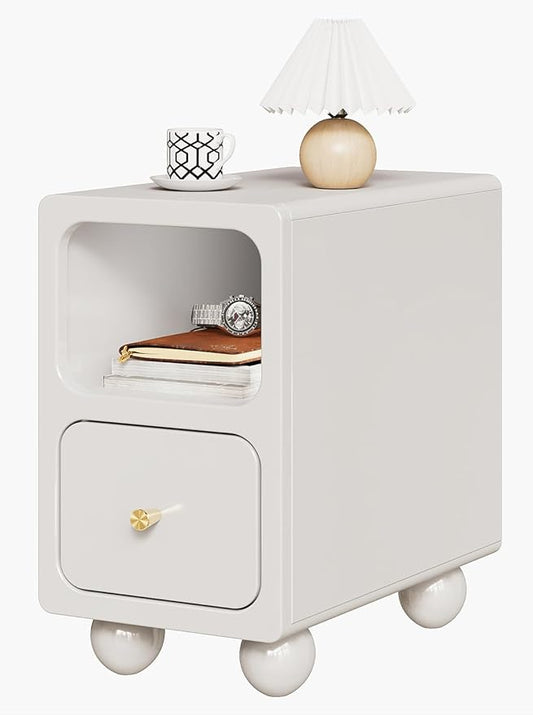 Solid Wood Night Stand, Narrow Nightstand with Drawers, White Mid Century Modern Nightstand, Small Beside Table with Open Storage Shelf for Bedroom (10 inch)