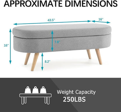 Oval Storage Bench 43.5" Linen Fabric Upholstered Entryway Bench with Solid Wood Legs Ottoman Bench Indoor Bench for Living Room/Bedroom/End of Bed/Entryway (Grey)