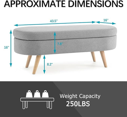 Oval Storage Bench 43.5" Linen Fabric Upholstered Entryway Bench with Solid Wood Legs Ottoman Bench Indoor Bench for Living Room/Bedroom/End of Bed/Entryway (Grey)