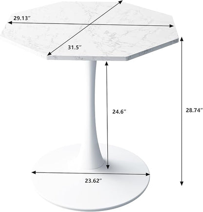 31.5 in Hexagonal Pedestal Dining Table for 2, Small Tulip Bistro Table with Metal Base, Space Saving Breakfast Nook Furniture for Home Cafe Apartment, Marble White