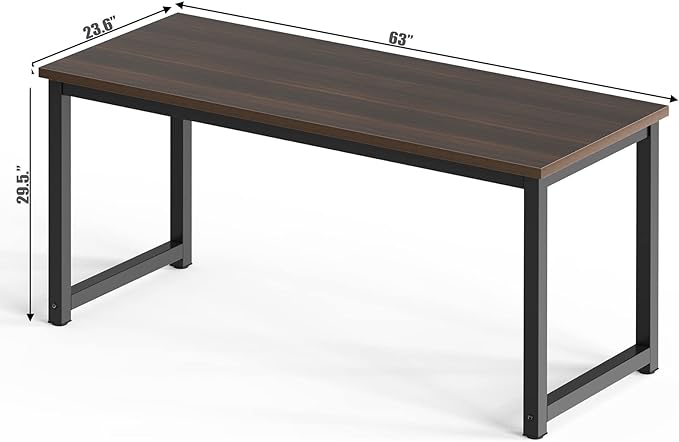 NSdirect Large Office Desk for Home Office, Large 63” Computer Desk Table, Wide Writing Study Desk for 2 Person, Metal Sturdy Frame Thicker Steel Legs, Black Chocolate