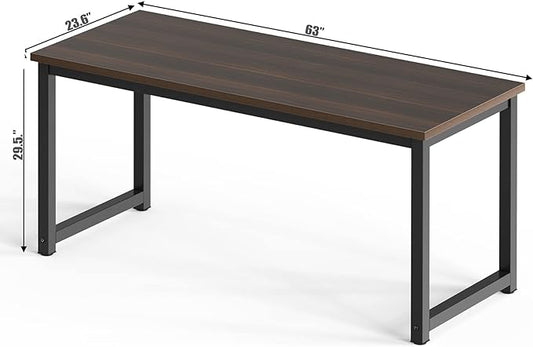 NSdirect Large Office Desk for Home Office, Large 63” Computer Desk Table, Wide Writing Study Desk for 2 Person, Metal Sturdy Frame Thicker Steel Legs, Black Chocolate