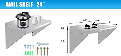 12''x24'' - 2PACKS Wall Mounted Stainless Steel Shelf NSF Commercial Metal Wall Mount Floating Shelving for Kitchen, Restaurant, Food Truck,Garage,Home&Hotel