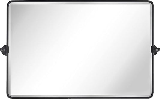 TEHOME 24x38 Horizontal Pivot Bathroom Mirror Tilting Black Metal Framed Pivot Rectangle Bathroom Mirror Rounded Rectangluar Tilting Beveled Vanity Mirrors for Wall