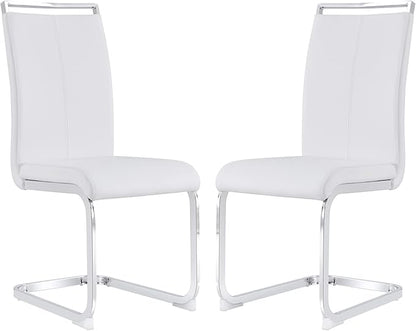 Dining Chairs Set, Kitchen Modern Metal Chairs with Faux Leather Padded Seat High Back and Sturdy Chrome Legs, Chairs for Dining Room (White, Set of 2)