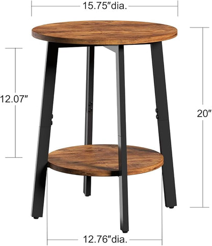 Side Table Set of 2, Small Round End Table with Storage Shelf for Small Space, 2-Tier Bedside Table Sofa Couch Table, Nighstands Set of 2 Accent Table for Living Room, Bedroom, Rustic Brown