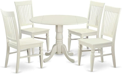 East West Furniture DLWE5-WHI-W 5 Piece Dining Table Set for 4 Includes a Round Kitchen Table with Dropleaf and 4 Dining Room Chairs, 42x42 Inch, Linen White