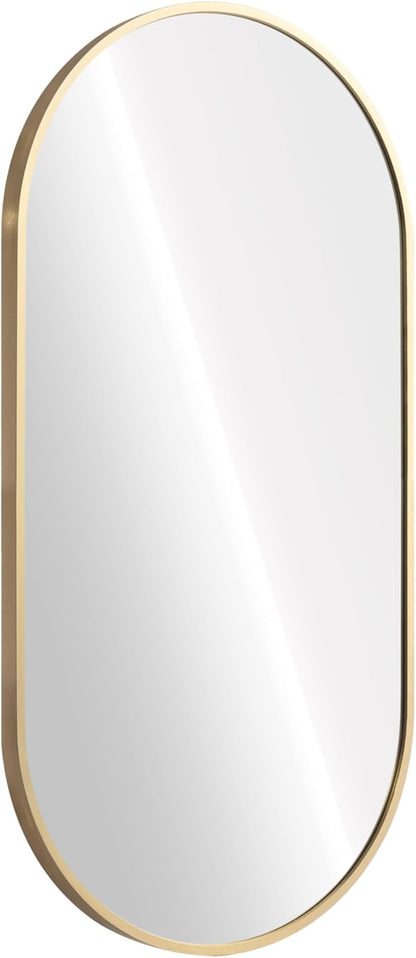Navaris Oval Wall Mirror - 75 x 38 x 3 cm - Wall Mounted Hanging Mirror with Brushed Brass Rustproof Aluminium Frame - Mirror for Bathroom Bedroom Hallway