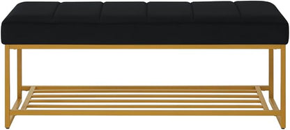 24KF Black Velvet Upholstered End of Bed Bench with Metal Shelf, Modern Tufted Channel Entryway Bench Footboard Bench for Living Room, Bedroom, Gold Bench,5036-Black