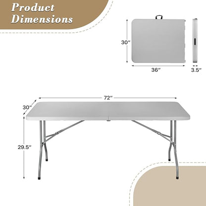 Athena Collection 6 ft Square Folding Dining Table, Large Plastic Foldable Table Portable with Carry Handle, Heavy Duty Fold-in-Half Utility for Indoor Outdoor Party Camping Picnic, Grey