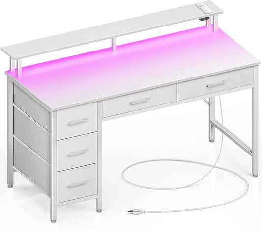 Seventable Computer Desk with Power Outlets & LED Light, 55 inch Home Office Desk with 5 Drawers, Writing Desk with Monitor Stand, Work Desk for Home Office, White