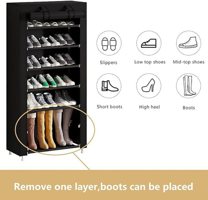 Calmootey 7 Tier Shoe Rack Organizer,Portable Shoe Shelf with Nonwoven Fabric Cover for Closet Hallway,Bedroom,Entryway,Black