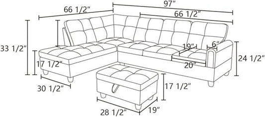 Blue L-Shaped 3-Piece Faux Leather Sofa with Storage Ottoman Set, Sectional Couch Sofa Set for Living Room, Office, Small Space