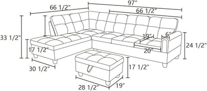 Silver Green L-Shaped 3-Piece Faux Leather Sofa with Storage Ottoman Set, Sectional Couch Sofa Set for Living Room, Office, Small Space