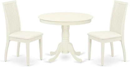 East West Furniture ANIP3-LWH-C 3 Piece Kitchen Table Set for Small Spaces Contains a Round Dining Table with Pedestal and 2 Linen Fabric Dining Room Chairs, 36x36 Inch, Linen White