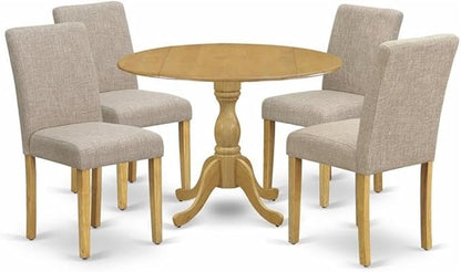 East West Furniture DMAB5-OAK-04 5 Piece Dining Set Includes a Round Dining Room Table with Dropleaf and 4 Light Tan Linen Fabric Upholstered Parson Chairs, 42x42 Inch, Oak