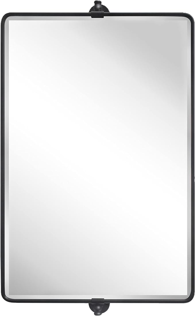TEHOME 20x33'' Horizontal Farmhouse Black Metal Framed Rounded Pivot Rectangle Bathroom Mirror Tilting Beveled Vanity Mirrors for Wall