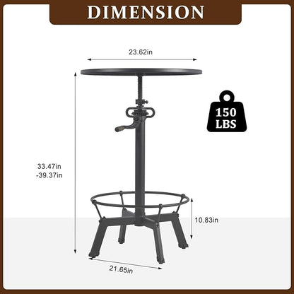 LOKKHAN 33.5"-39.4" Tall Industrial Bar Table-Adjustable Bar Height Pub Table-23.7" Dia Swivel Round Metal Top-Easily Adjusts by Crank Handle, Silver Gray