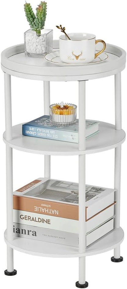 Small Round End Table with Charging Station, 3-Tier Accent Couch Beside Table with USB Ports & Power Outlets, Sofa Side Table for Living Room Small Nightstand Bedroom (Classic, White)