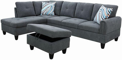 Dark Grey L-Shaped 3-Piece Flannel Sofa with Storage Ottoman Set, Sectional Couch Sofa Set for Living Room, Office, Small Space