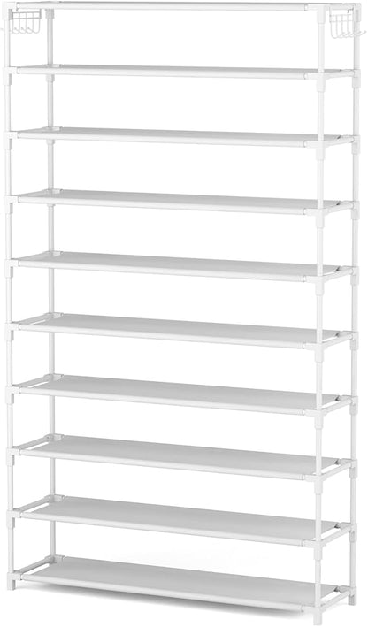 10 Tiers Shoe Rack 50 Pairs Large Capacity Tall Shoe Organizer Sturdy Shoe Storage with Two Hooks Space Saving Metal Wide Shoe Rack for Closet, Entryway, Bedroom, White