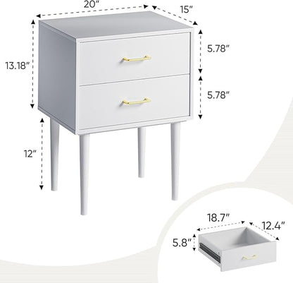 Smart FENDE 26 inch Tall White Nightstand with 2 Drawers, Modern Night Stand Set of 2, Mid-Century Modern End Table, Wooden Bedside Table with Solid Wood Leg for Bedroom