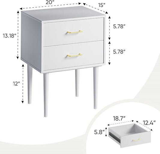 Smart FENDE 26 inch Tall White Nightstand with 2 Drawers, Modern Night Stand Set of 2, Mid-Century Modern End Table, Wooden Bedside Table with Solid Wood Leg for Bedroom