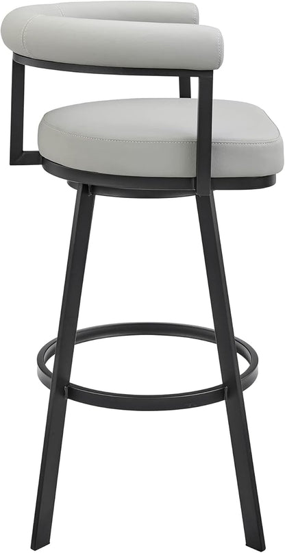 Armen Living Magnolia Swivel Bar Stool in Black Metal with Light Grey Faux Leather