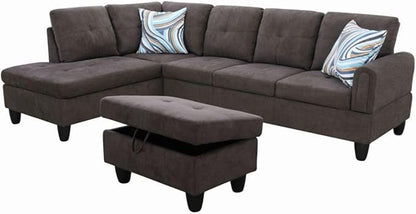 Dark Brown L-Shaped 3-Piece Flannel Sofa with Storage Ottoman Set, Sectional Couch Sofa Set for Living Room, Office, Small Space