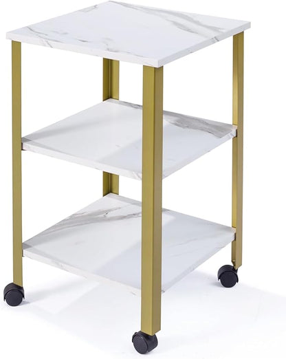 Side Table, End Table with Wheels, Printer Stand with 3-Tier Storage, Bedside Table,Telephone Table,Square Small Side Table for Living Room, Bedroom, Office, Kitchen, Metal Frame, Easy Assembly -White