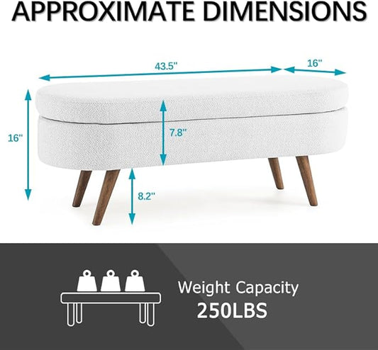 Oval Storage Bench 43.5" Linen Fabric Upholstered Entryway Bench with Solid Wood Legs Ottoman Bench Indoor Bench for Living Room/Bedroom/End of Bed/Entryway (White)