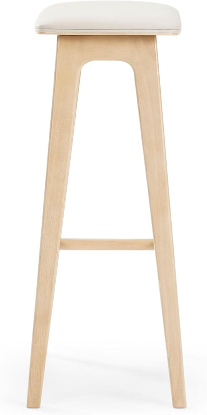 Plank+Beam Beryl Bar Height Stool - Mid-Century Modern Rubberwood Bar Stool with Faux Leather Seat, Metal Footrest, Easy Assembly, Blonde/Sesame