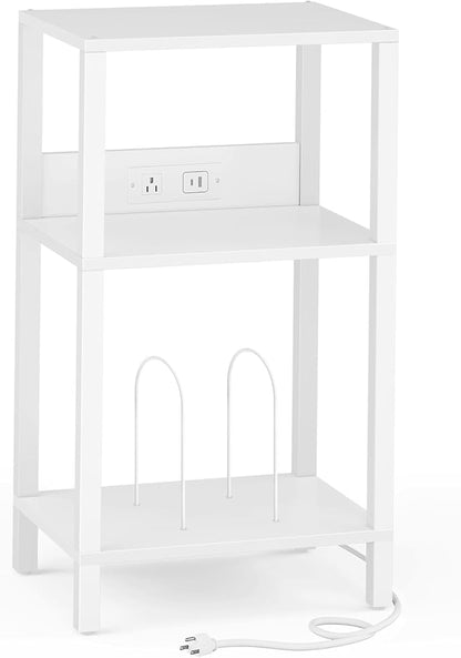 TUTOTAK Record Player Stand with Storage Up to 100 Albums，Record Storage Table,3 Tier End Table with Charging Station,Side Table for Living Room, Bedroom, White TB01BW076