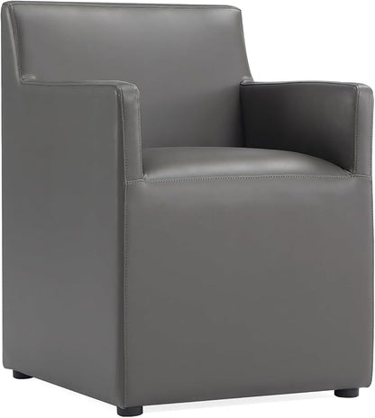 Manhattan Comfort Anna Square Modern Dining Chair with Arms, Head-to-Toe Faux Leather Upholstered Accent Armchair with Plastic Foot Padding, Set of 1, Pewter