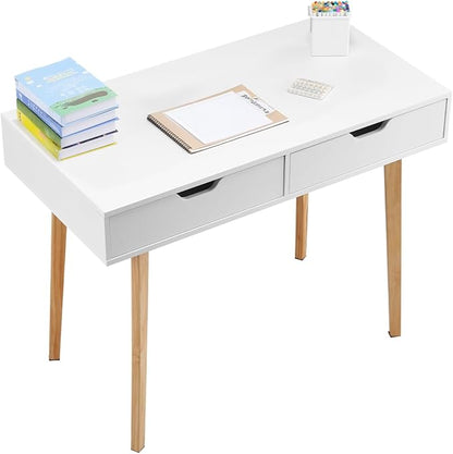 VEVOR Small Desk with Drawers, Kids Desk for Bedroom, Wooden Simple Study Table for Drawing, Reading, Writing, Rectangle MDF Furniture Study Storage Table for Home, Office, White + Wood