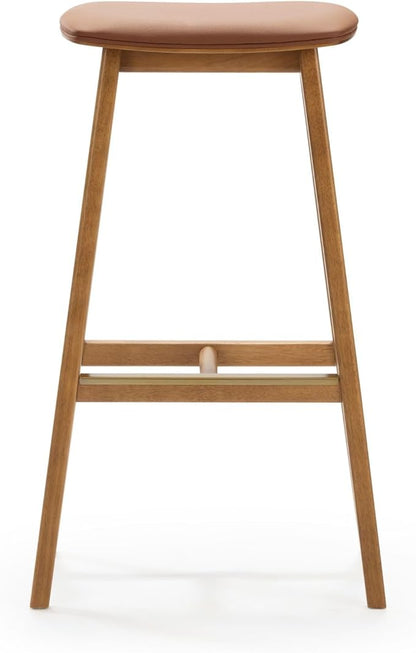 Plank+Beam Beryl Bar Height Stool - Mid-Century Modern Rubberwood Bar Stool with Faux Leather Seat, Metal Footrest, Easy Assembly, 2-Pack, Pecan/Toffee