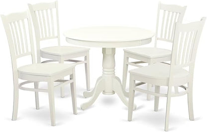 East West Furniture ANGR5-LWH-W 5 Piece Dining Table Set for 4 Includes a Round Kitchen Table with Pedestal and 4 Dining Room Chairs, 36x36 Inch, Linen White