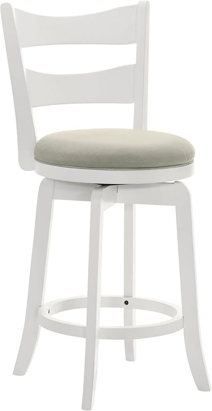 Armen Living Blair 30 in. Matte White Bar Height Rubberwood Swivel Barstool with Fog Fabric Seat