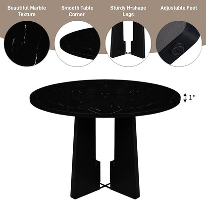 Ball & Cast Dining Table Set for 4 W/ 4 Upholstered Chairs,5 Piece Dining Table W/ 43" Round Faux Marble Table,Kitchen Table and Chairs for Living Room,Dining Room,Restaurant,Beige+Black