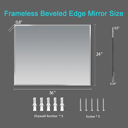 Frameless Beveled Edge Bathroom Mirror 36x24 Inch Rectangle Wall Mirror Explosion Proof and Shatterproof Bathroom Vanity Mirror Wall Mounted Hang Firmly (Horizontal or Vertical)