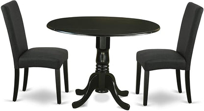 East West Furniture DLDR3-BLK-24 3 Piece Kitchen Table Set Contains a Round Dining Table with Dropleaf and 2 Black Color Linen Fabric Upholstered Chairs, 42x42 Inch, Black