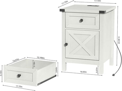 Farmhouse Nightstand with Charging Station, White Side Table, Rustic End Table with Barn Door and Drawer, Rustic Floating Nightstands Modern Bed Side Table Night Stand for Bedroom and Living Room