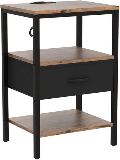 SUPERJARE Nightstand Set of 2, Bed Side Tables with Charging Station, Adjustable Fabric Drawer, Night Stand for Bedroom, 3-Tier Storage End Tables, for Living Room, Rustic Brown and Black