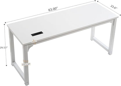 Large Computer Desk - 63 Inch Home Office Desks Study Student Writing Table Gaming Desk Wood Modern Simple Table with USB Ports, White